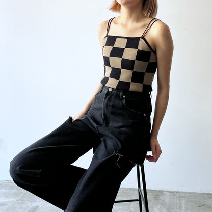 sourire ニット ブロックチェック キャミソール BLACK BROWN