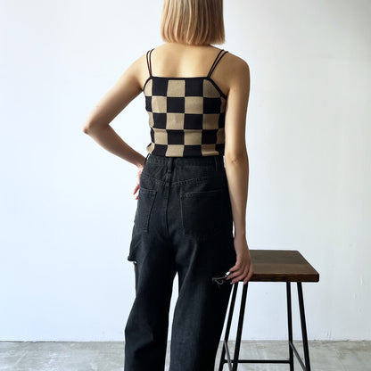 sourire ニット ブロックチェック キャミソール BLACK BROWN