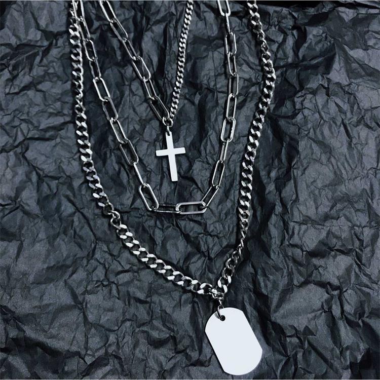 Dog Tag Cross Chain Necklace Set Silver