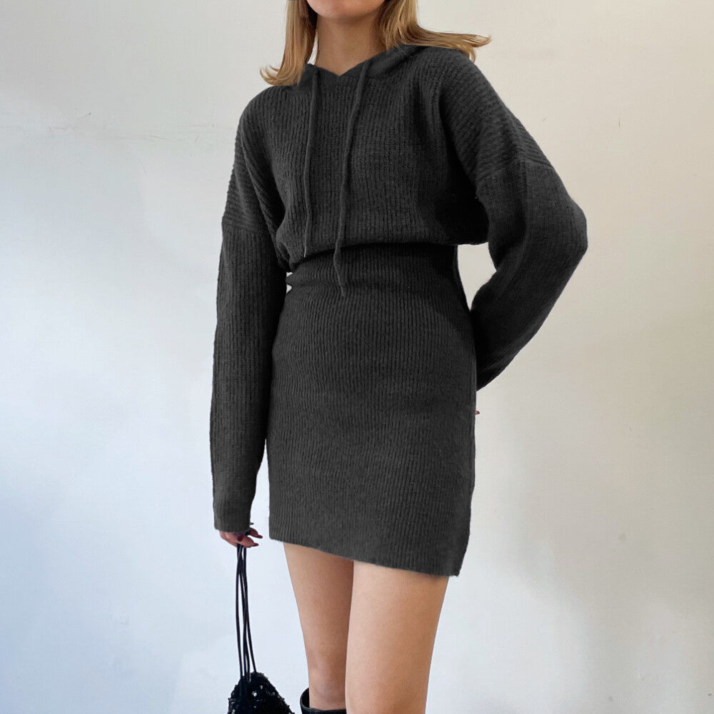 sourire Wool blend mohair touch hooded knit mini dress BLACK