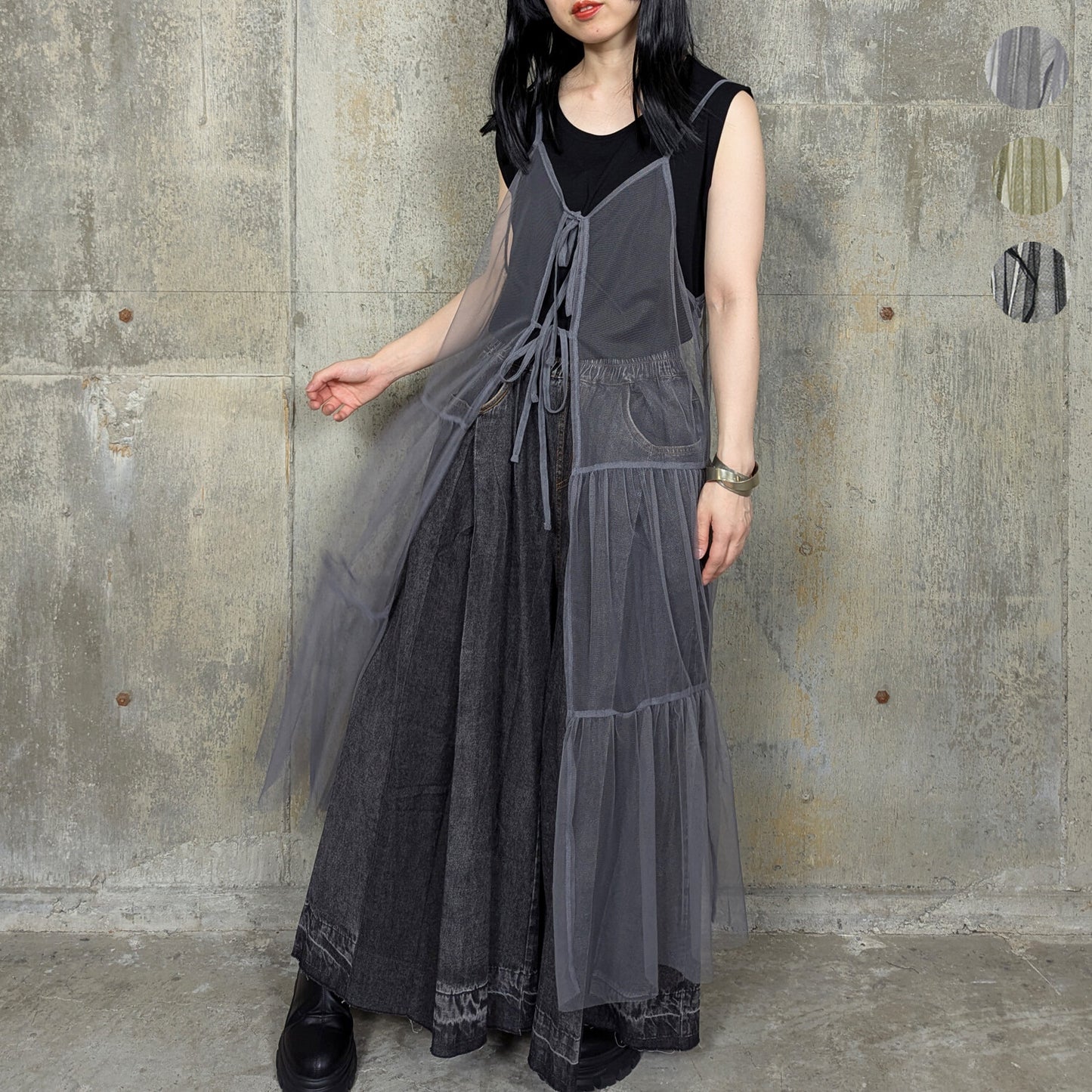 RooM404 Sheer Tulle Long Vest Dress GRAY