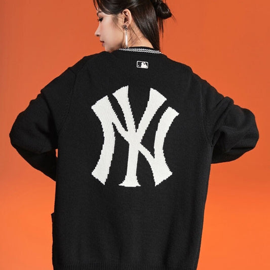 MLB Korea Unisex Logo Line V-Neck Cardigan BLACK