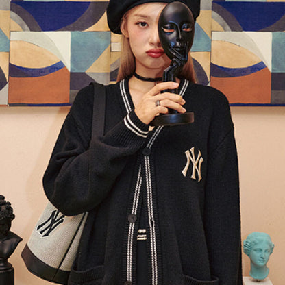 MLB Korea ユニセックス ロゴ ライン Vネック カーディガン BLACK