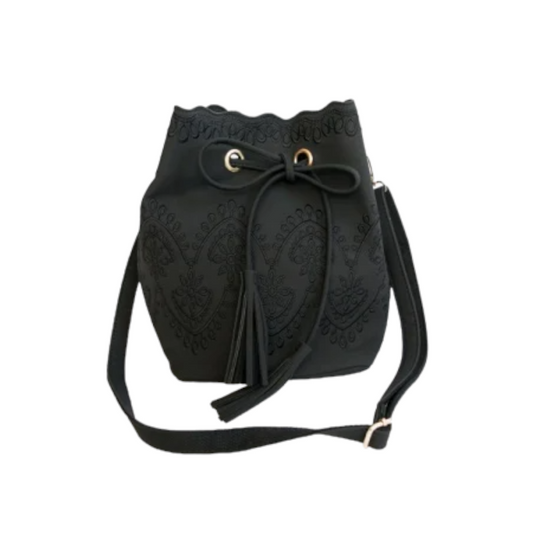 Embroidery Drawstring Shoulder Bag BLACK