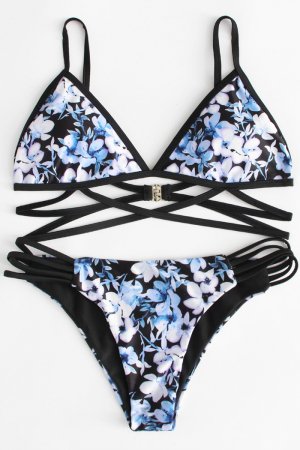 Flower Print Strappy Bikini Set