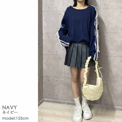サイドダブルライン レース付き バレエコア ロンT NAVY