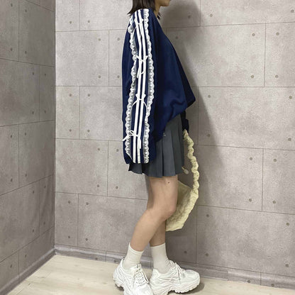 サイドダブルライン レース付き バレエコア ロンT NAVY