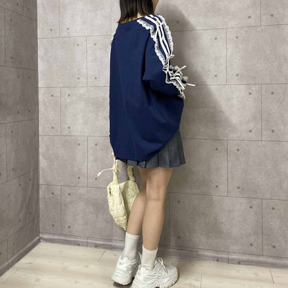 サイドダブルライン レース付き バレエコア ロンT NAVY