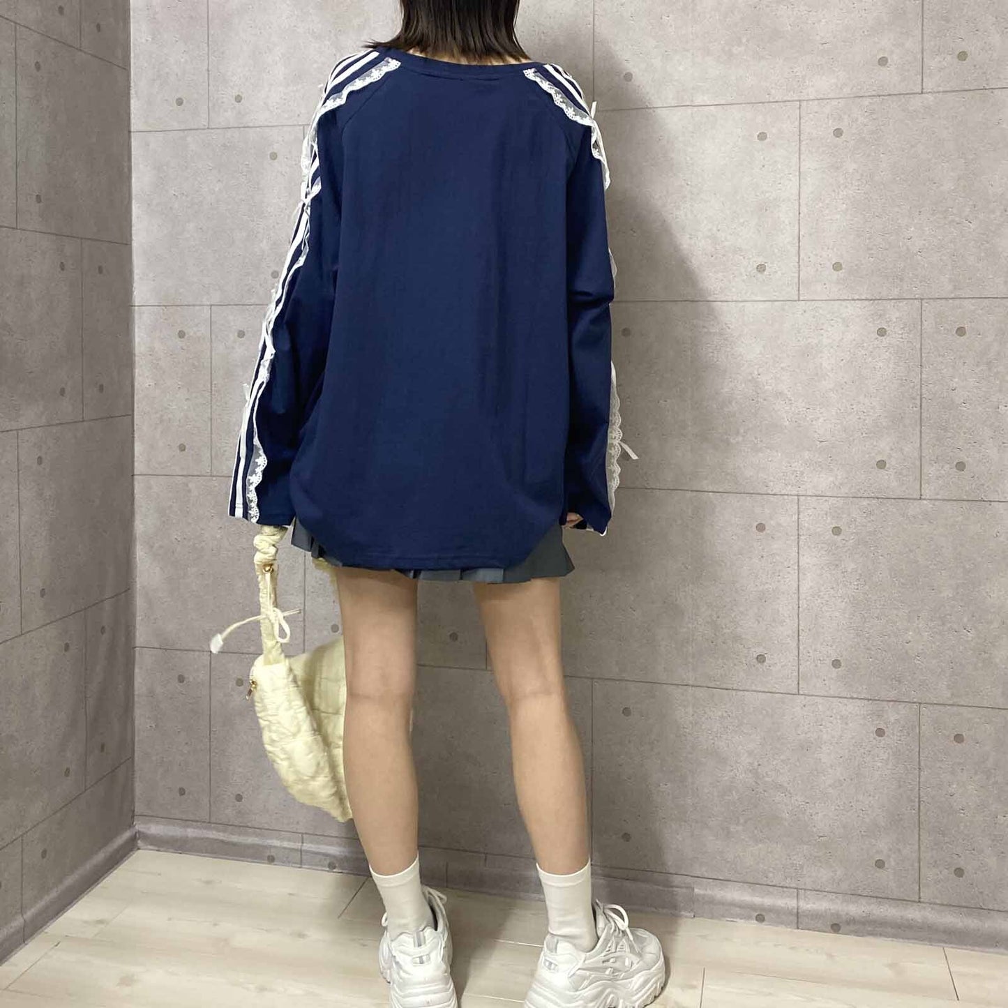 サイドダブルライン レース付き バレエコア ロンT NAVY