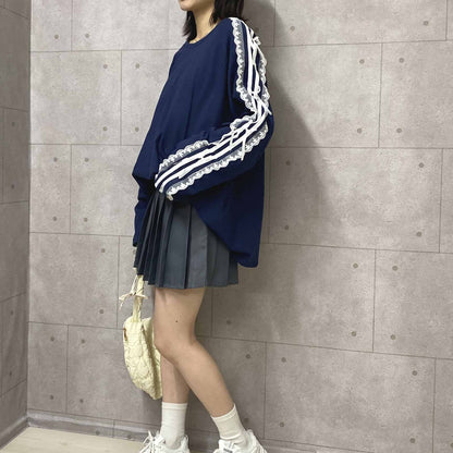 サイドダブルライン レース付き バレエコア ロンT NAVY