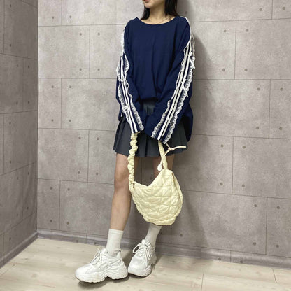 サイドダブルライン レース付き バレエコア ロンT NAVY