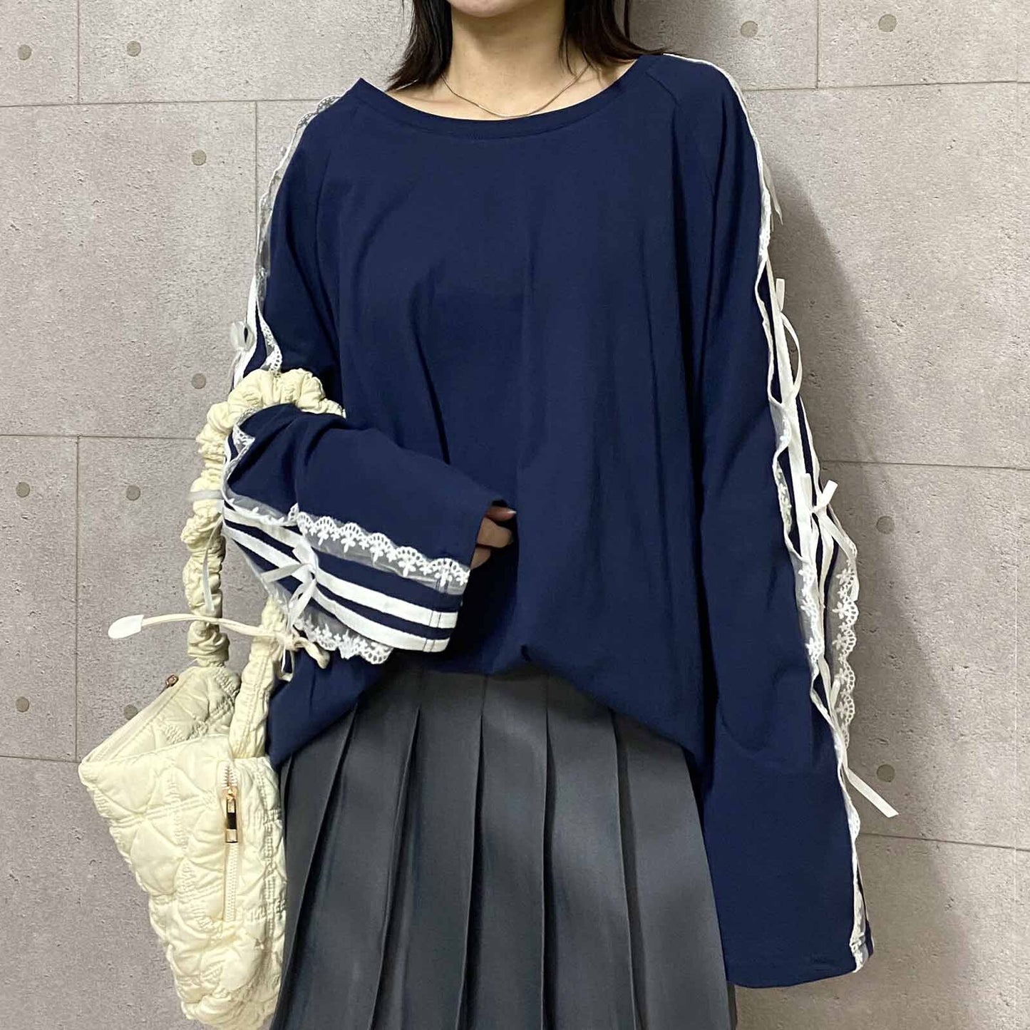サイドダブルライン レース付き バレエコア ロンT NAVY