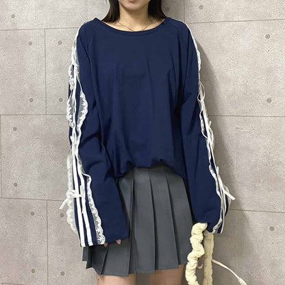 サイドダブルライン レース付き バレエコア ロンT NAVY