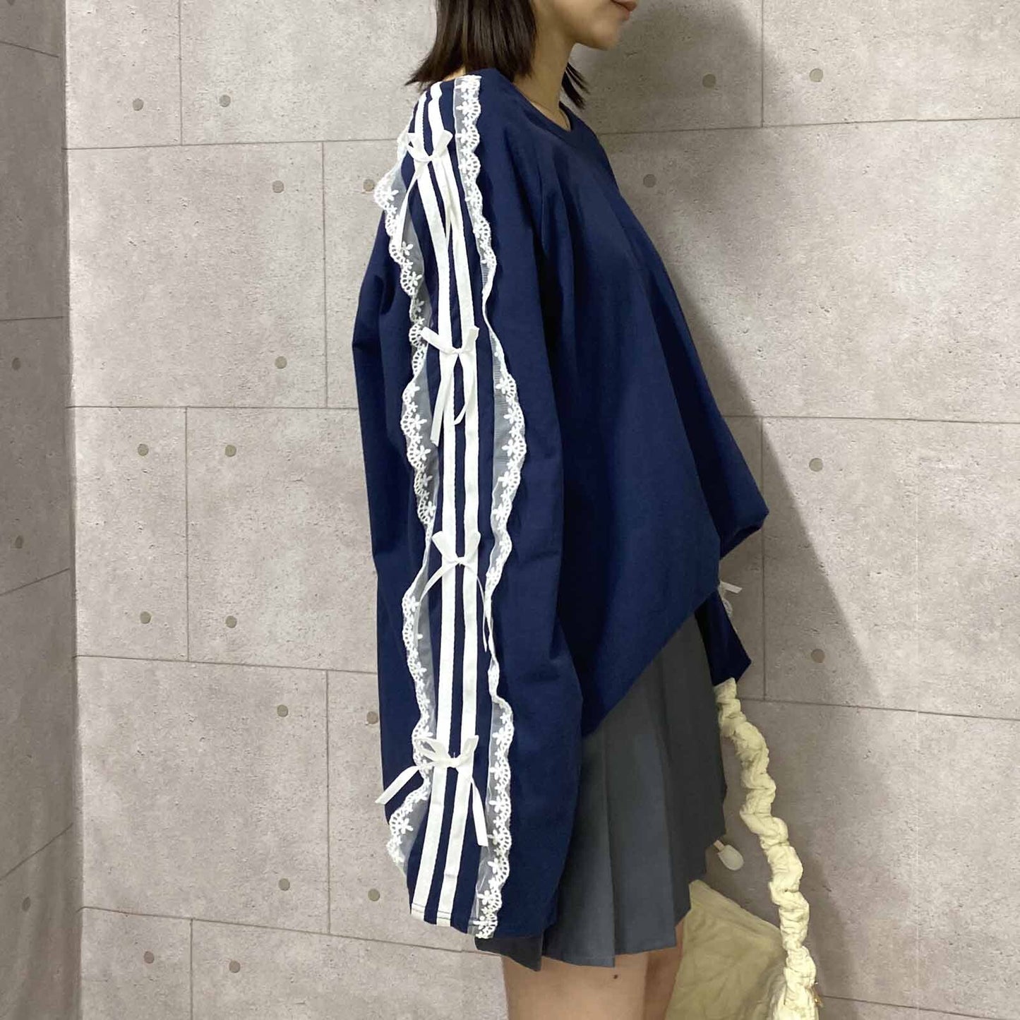 サイドダブルライン レース付き バレエコア ロンT NAVY