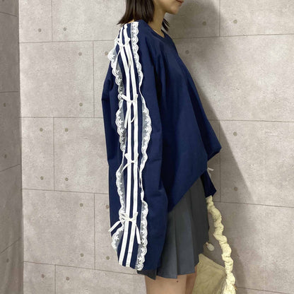 サイドダブルライン レース付き バレエコア ロンT NAVY