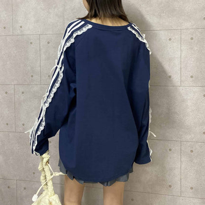 サイドダブルライン レース付き バレエコア ロンT NAVY