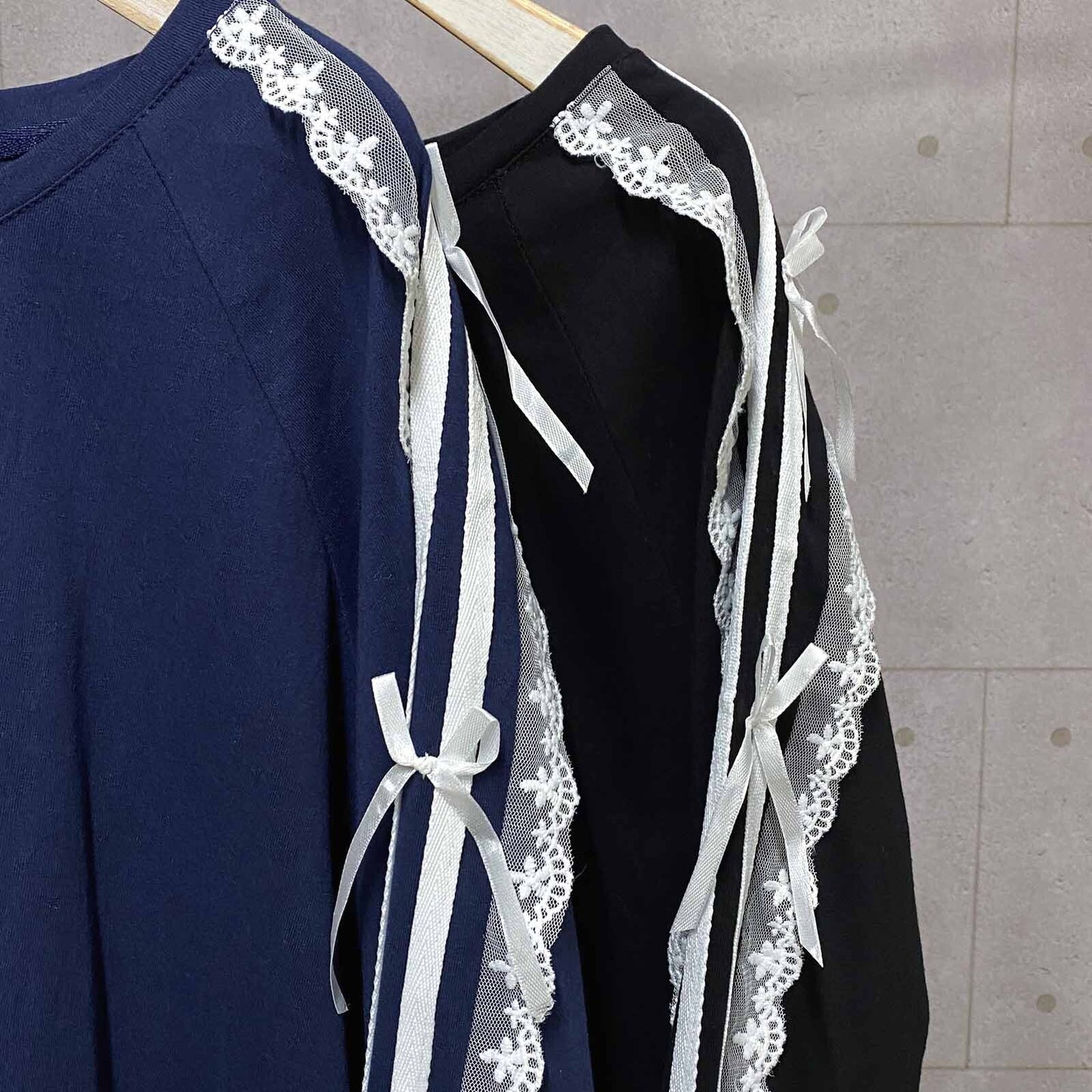 サイドダブルライン レース付き バレエコア ロンT NAVY