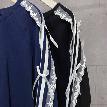 サイドダブルライン レース付き バレエコア ロンT NAVY
