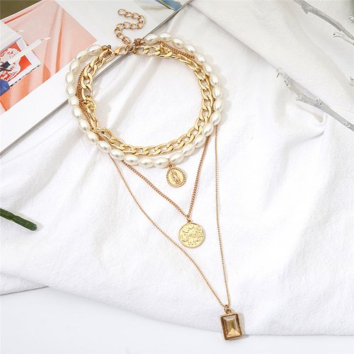 Medal Pearl 4 Line Necklace Yellow Pearl