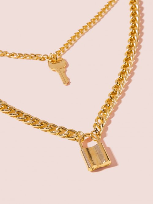 Lock &amp; Key Charm Layered Chain Necklace GOLD