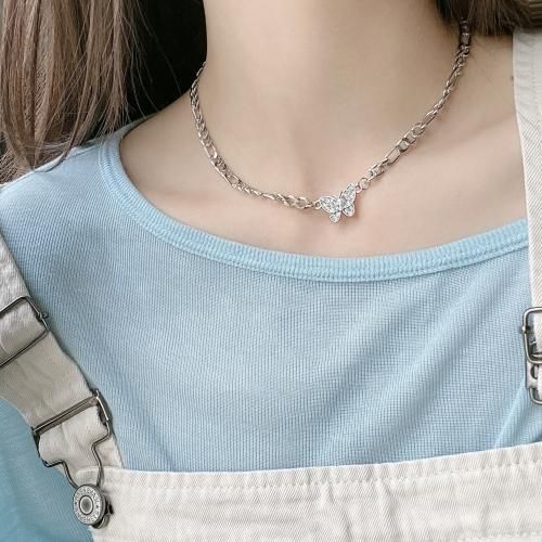 【会員限定0円】Rhinestone Butterfly Chain ネックレス SILVER