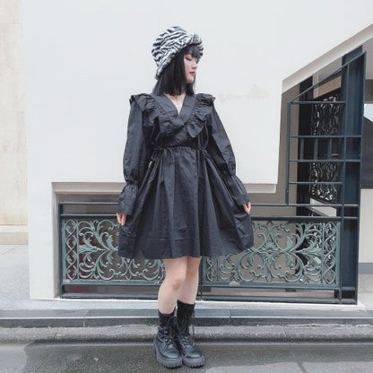V-Neck Frill Side Ribbon Dress Black - YOUAREMYPOISON