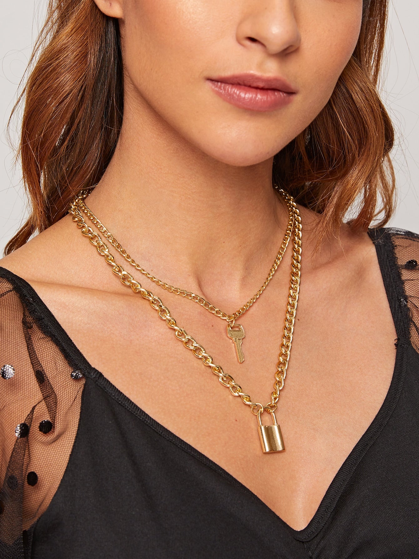 Lock &amp; Key Charm Layered Chain Necklace GOLD