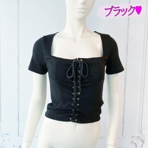 編み上げ 半袖Tシャツ BLACK