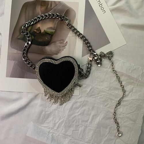 ビジューハート ミニバッグ付き チェーンベルト BLACK