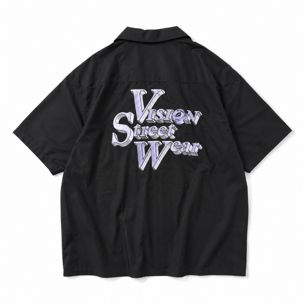 VISION STREET WEAR ロゴ刺繍開襟シャツ BLACK