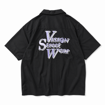 VISION STREET WEAR ロゴ刺繍開襟シャツ BLACK
