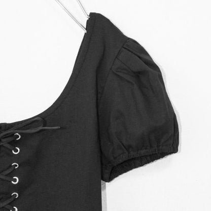 レースアップデザイン 半袖Tシャツ BLACK