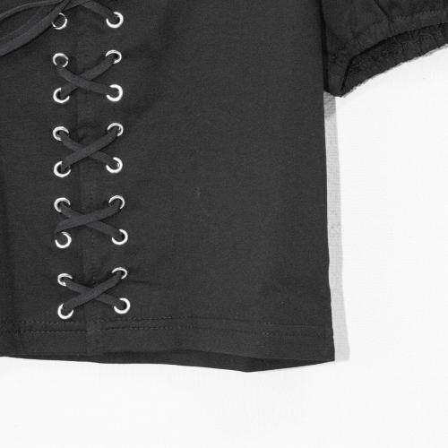 レースアップデザイン 半袖Tシャツ BLACK