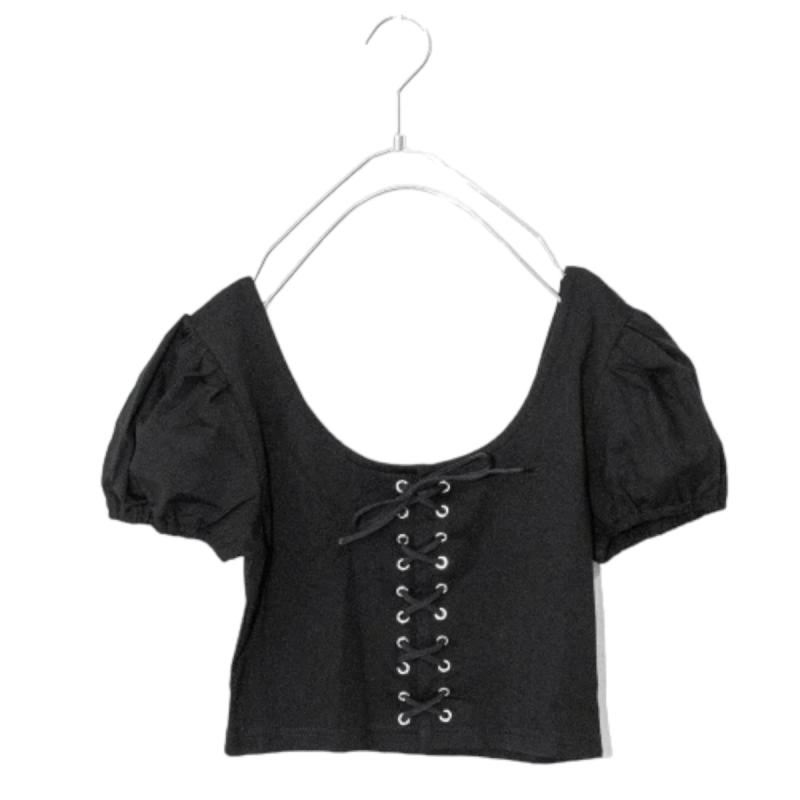 レースアップデザイン 半袖Tシャツ BLACK