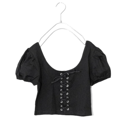 レースアップデザイン 半袖Tシャツ BLACK