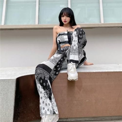 バンダナ柄 チューブトップ パンツセットアップ Black/White MS_P