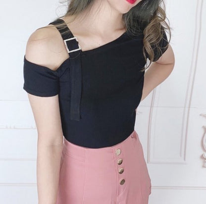 Belt One Shoulder S/S T-shirt Black - YOUAREMYPOISON