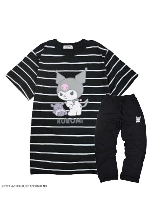 Kuromi Border Print Short Sleeve T-Shirt and Long Pants Set BLACK