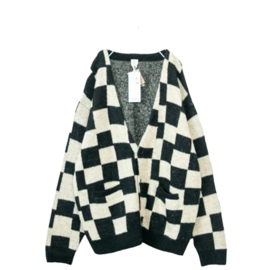 Checkered Shaggy Jacquard Pattern Knit Cardigan BLACK