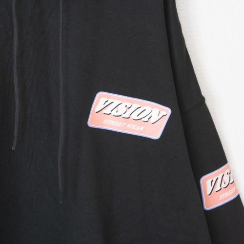 VISION STREET WEAR 裏毛 袖ロゴプリント プルオーバー パーカー BLACK
