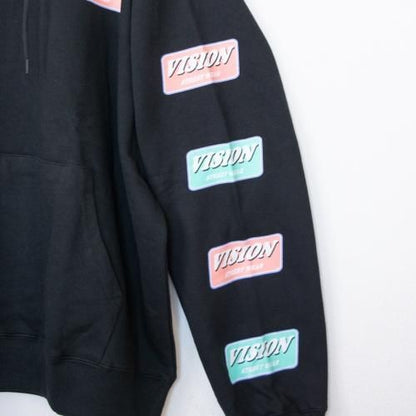 VISION STREET WEAR 裏毛 袖ロゴプリント プルオーバー パーカー BLACK