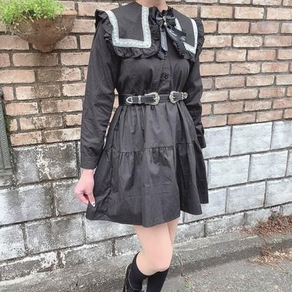 ビッグフリルカラー ティアードミニワンピース BLACK