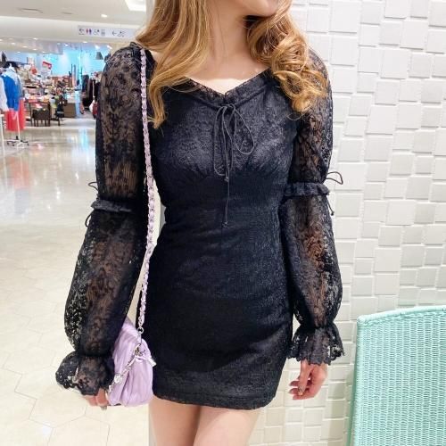 総レース ミニ丈 シアーフリル ミニワンピース BLACK