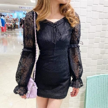 総レース ミニ丈 シアーフリル ミニワンピース BLACK
