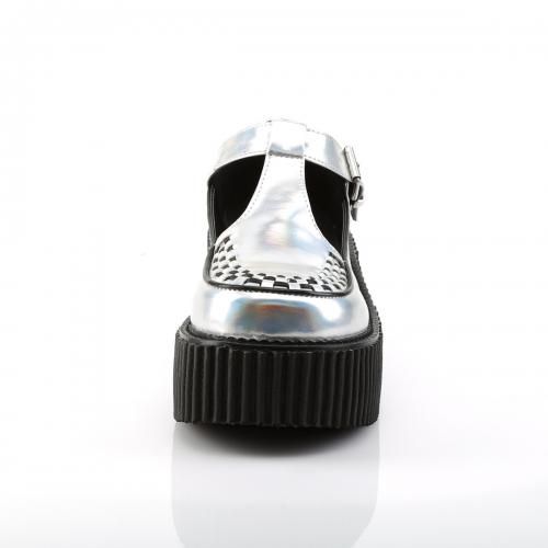 Demonia Tストラップ クリーパーシューズ CREEPER-214 Silver Hologram