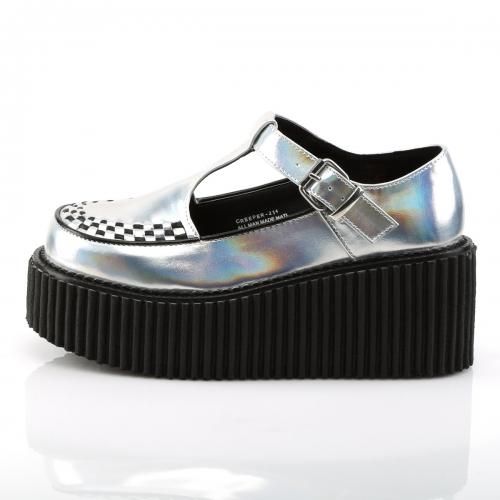 Demonia Tストラップ クリーパーシューズ CREEPER-214 Silver Hologram