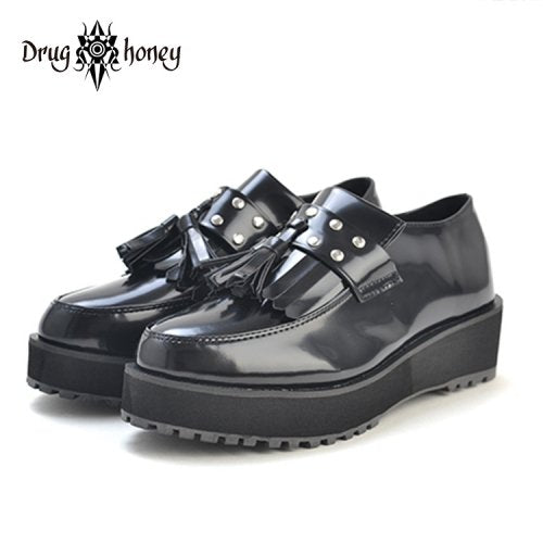Drug Honey Patent Leather Tassel Loafer Shoes BLACK