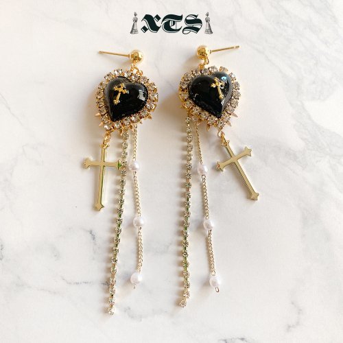 XTS Cross Heart Chain Earrings Gold/Black TS0220