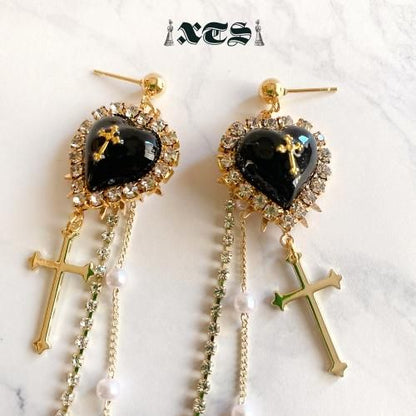 XTS クロスハート チェーン ピアス Gold/Black TS0220