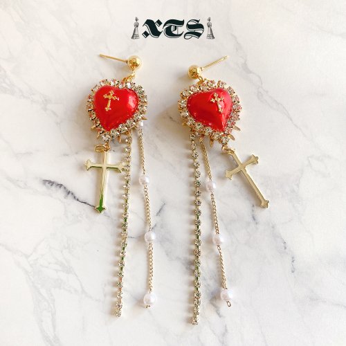 XTS Cross Heart Chain Earrings Gold/Red TS0220